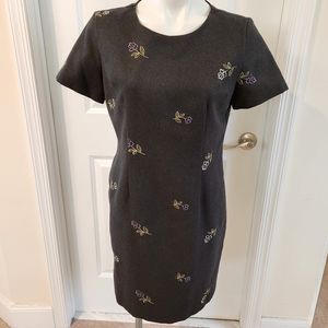 Victoria Holley vintage size 10 dress gray with embroidered flowers, made USA